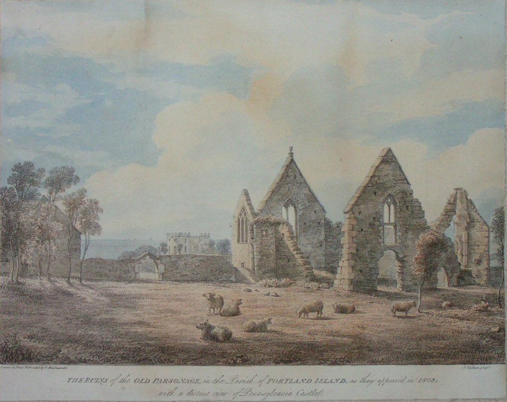 Lithograph - The ruins of the Old Parsonage in the parish of Portland Island as they appeared in 1805, with a distant view of Pennsylvania Castle - Hullmandel